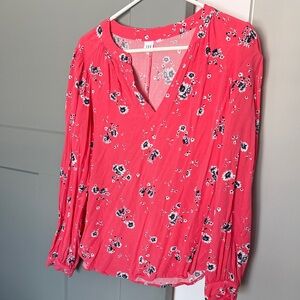 Floral V-Neck Blouse - coral and navy